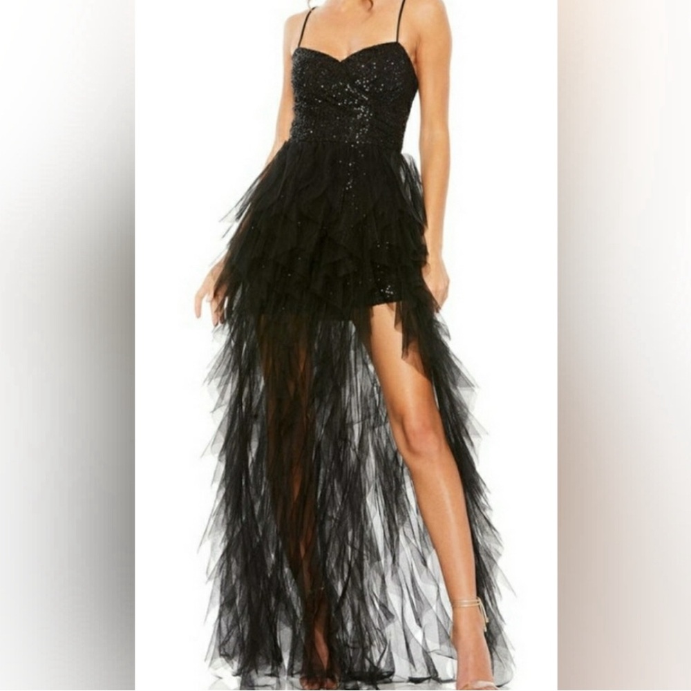 Mac Duggal NWT Black Sweetheart Cascading Ruffled Tulle Maxi Dress Size …